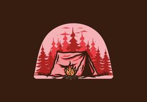 camping en forêt avec insigne d'illustration de feu de joie vecteur