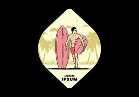 l'homme torse nu tenant une illustration de planche de surf vecteur