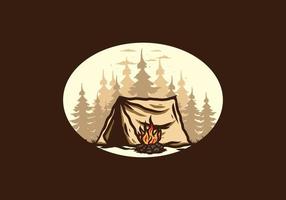 camping en forêt avec insigne d'illustration de feu de joie vecteur