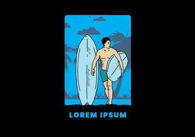 l'homme torse nu tenant une illustration de planche de surf vecteur