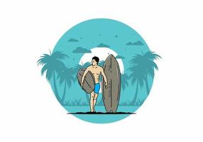 l'homme torse nu tenant une illustration de planche de surf vecteur