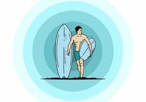 l'homme torse nu tenant une illustration de planche de surf vecteur