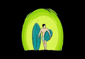 l'homme torse nu tenant une illustration de planche de surf vecteur