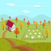paysage d'automne d'une ferme, d'une maison et d'un pâturage avec des moutons. illustration vectorielle d'un village vecteur