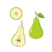 la poire verte est entière, la moitié et une tranche de poire sur fond blanc. illustration vectorielle de poires aux fruits juteux mûrs vecteur