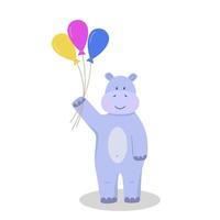 personnage d'hippopotame de dessin animé mignon avec des ballons colorés dans ses mains. illustration vectorielle isolée sur blanc. concept de fête d'anniversaire, des vacances pour les enfants vecteur