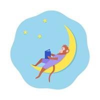 un singe de dessin animé est assis sur la lune et lit un livre. concept bonne nuit, une histoire au coucher. illustration vectorielle vecteur