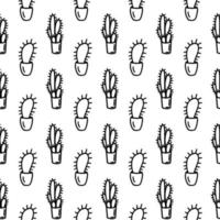 modèle sans couture de fleur abstraite avec des feuilles et des points. doodle joli fond noir et blanc. impression simple monochrome d'été. fleurs dessinées à la main dans des pots. papier peint noir et blanc, cactus vecteur