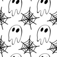 vecteur halloween fantôme, modèle sans couture de toile d'araignée isolé sur fond blanc. jolie illustration pour le design saisonnier, le textile, la décoration de la salle de jeux pour enfants ou la carte de voeux. impressions dessinées à la main et griffonnage.