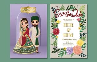 carte d'invitation de mariage indien personnage de dessin animé mignon couple hindou en vue avant et arrière vecteur