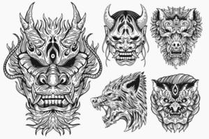 ensemble bundle crâne diable masque et bête horreur dessinés à la main éclosion contour symbole tatouage marchandise t-shirt merch ancien