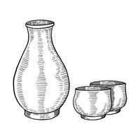 bouteille d'alcool de saké japon ou cuisine traditionnelle japonaise doodle croquis dessiné à la main avec style de contour vecteur