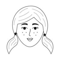 visage de fille dans un style doodle. avatar de jeune femme avec des queues de cheval et des taches de rousseur. vecteur