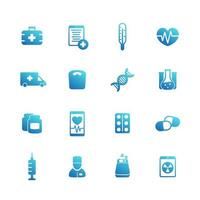 icônes de médecine sur blanc, vaccination, injection, soins de santé, ambulance, hôpital, pilules, ensemble de pictogrammes de médicaments vecteur