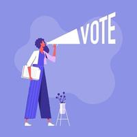 une femme forte parle dans un mégaphone., une militante appelle à voter, à voter, à élire et à suffrager le concept de femmes, illustration vectorielle vecteur