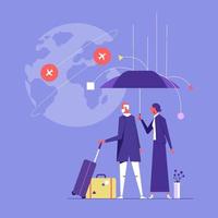 assurance voyage, protection du voyageur avant le concept de vol, parapluie comme bouclier et garde pour protéger les voyageurs qui voyagent à travers le monde vecteur