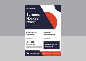 conception d'affiche de flyer de camp de hockey. conception de brochures de camp de hockey d'été. conception d'affiche de flyer de camp de hockey d'université d'école. vecteur