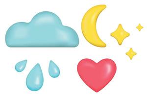 définir l'icône emoji, nuage gris, étoiles et lune jaunes, coeur rose, gouttes d'eau bleues. émotions 3d brillantes réalistes. illustration vectorielle vecteur