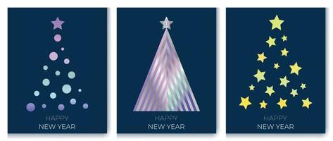 joyeux noël et bonne année ensemble de cartes modernes. éléments de conception d'arbre de noël texte de voeux sur illustration vectorielle fond bleu vecteur