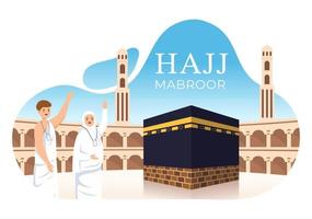 illustration de dessin animé hajj ou umrah mabroor avec personnage de personnes et makkah kaaba adapté aux modèles daffiche ou de page de destination vecteur
