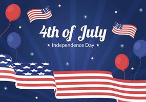 4 juillet joyeuse fête de l'indépendance usa illustration de dessin animé de vacances avec drapeau, ballon ou feu d'artifice festif pour modèle d'affiche ou d'arrière-plan vecteur