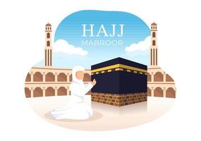 illustration de dessin animé hajj ou umrah mabroor avec personnage de personnes et makkah kaaba adapté aux modèles daffiche ou de page de destination