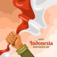 fond de célébration de la fête de l'indépendance de l'indonésie avec la main tenant le drapeau vecteur