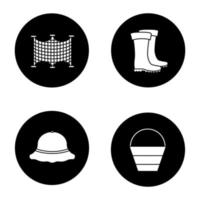 ensemble d'icônes de glyphe de pêche. filets de pêche, seau, bottes en caoutchouc, chapeau de pêcheur. illustrations de silhouettes blanches vectorielles dans les cercles noirs vecteur