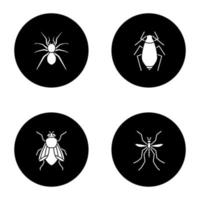 ensemble d'icônes de glyphe d'insectes. araignée, puceron, mouche domestique, moustique. illustrations de silhouettes blanches vectorielles dans les cercles noirs vecteur