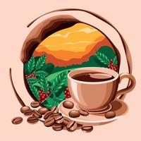 grains de café et une tasse de café avec des taches