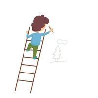 un petit garçon a grimpé une échelle et dessine un paysage avec un crayon. illustration de dessin animé de vecteur. vecteur