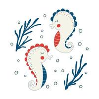 hippocampes mignons isolés sur fond blanc. hippocampes sous-marins simples. illustration vectorielle de dessin animé plat coloré enfantin de créature sous-marine drôle. vecteur