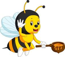 dessin animé d'abeille volante tenant un seau de miel vecteur