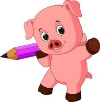 mignon cochon tenant un crayon vecteur