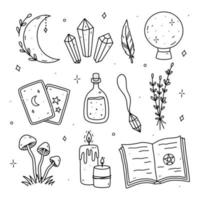 ensemble de doodles avec des éléments magiques et occultes - boule de cristal, lune, pierres précieuses, cartes de tarot, potion, pendentif, livre de sorts et autres. illustration vectorielle dessinée à la main. parfait pour les cartes, logo, décorations vecteur