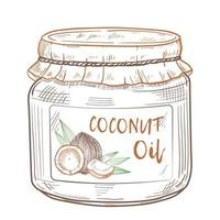 huile de noix de coco dans un bocal en verre avec une étiquette. ingrédients de cuisine et de beauté. illustration vectorielle dessinée à la main pour le menu, la bannière, le logo. vecteur