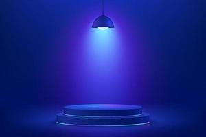 podium de piédestal de cylindre bleu brillant abstrait. salle abstraite sci-fi bleue avec éclairage de lampe au néon suspendu brillant. rendu vectoriel forme 3d, maquette d'affichage du produit. scène futuriste. scène pour vitrine