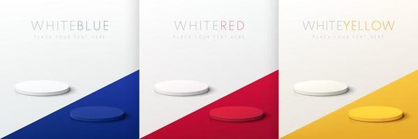 ensemble de podium de piédestal de cylindre 3d abstrait rouge, bleu, jaune et blanc sur fond de sol contrasté. conception de collection de plate-forme géométrique minimale de rendu vectoriel pour la présentation de l'affichage du produit.