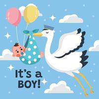 jour de naissance bébé garçon avec cigogne vecteur