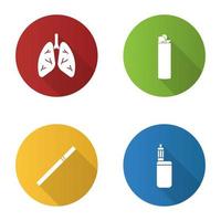 ensemble d'icônes de glyphe d'ombre portée de conception plate de fumer. poumons humains, briquet flip, cigarette, vape box mod. illustration vectorielle silhouette vecteur