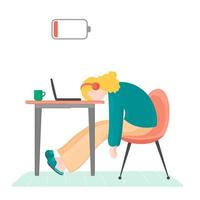 illustration vectorielle une femme s'épuise au bureau avec un ordinateur portable, un chat et une tasse de thé vecteur