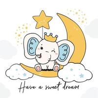 mignon bébé éléphant prince des bois sur croissant de nuit doux rêve anniversaire carte de voeux vecteur de dessin animé