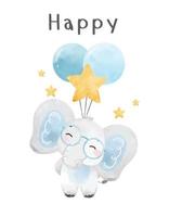 mignon sourire heureux bébé prince éléphant bleu avec ballon aquarelle dessinés à la main faune animal dessin animé pépinière illustration vecteur