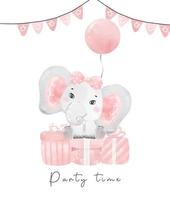 mignon bébé éléphant rose fille assise sur des coffrets cadeaux présents, pépinière anniversaire faune animal aquarelle dessin animé illustration vecteur