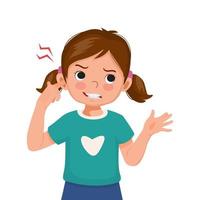 une petite fille a mal à l'oreille en touchant son oreille avec le doigt à cause d'une infection, d'une inflammation, d'une sensation de douleur à l'intérieur vecteur