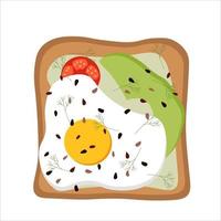 toast à la tomate et à l'avocat avec œuf et micro-verts pour le petit-déjeuner. illustration vectorielle plate vecteur