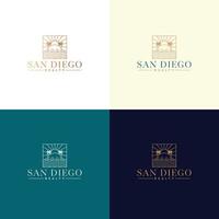 modèle de logo vectoriel avec villa et palmiers - icône abstraite d'été et de vacances et emblème pour les locations de vacances, les services de voyage, les spas tropicaux et le studio de beauté. création de logo immobilier san diego