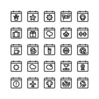 icônes de ligne de calendrier, y compris fleur, étoile de mer, virus, masque, homme, mallette, cadeau, nuage, feuille, haltères, café, bière, jus, balle, film, soleil, remise des diplômes, ruban, signes, avion, tasse, écologie, terre vecteur