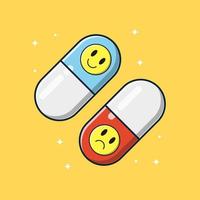 vecteur d'icône de dessin animé de pilules de capsule heureuse et triste