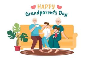 illustration de dessin animé mignon fête des grands-parents heureux avec petit-enfant, couple plus âgé, décoration florale, grand-père et grand-mère dans un style plat pour affiche ou carte de voeux vecteur